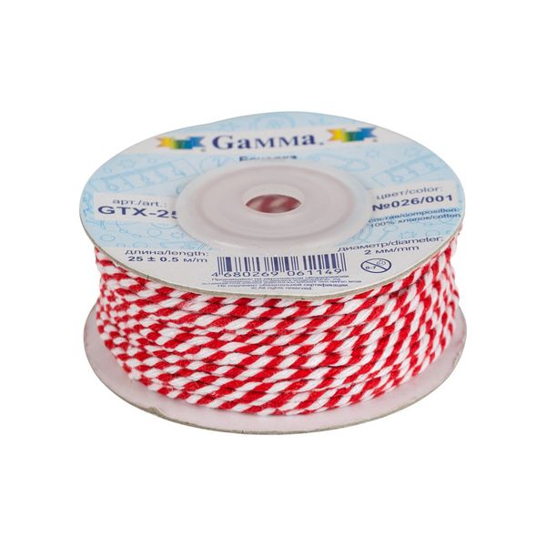 Шнур бечевка ⌀2.0 мм, 25 м, 026/001 красный/белый, Gamma GTX-25