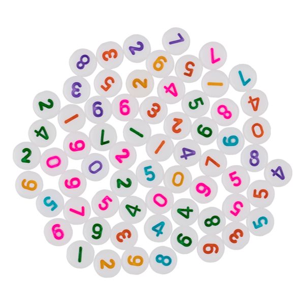 Бусины пластик 4х7 мм, 500 шт (10х50 шт), №01 белые с цветными цифрами, Hobbius ABFF