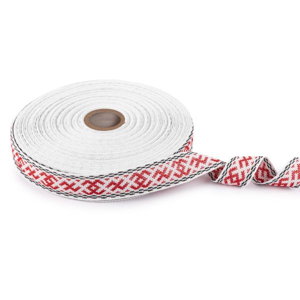 Лента (тесьма) жаккардовая 24.0 мм / 25±1 метров, Орнамент для северных народов, рис 9872 №3 бел/красн/черный, Gamma C3885