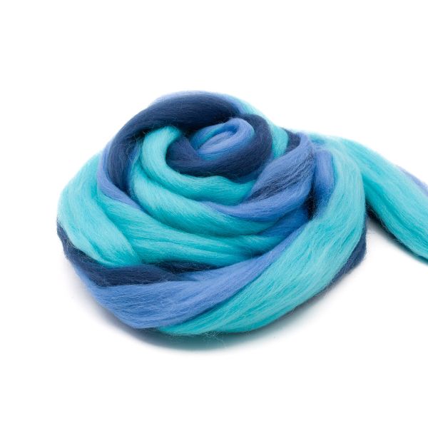 Шерсть для валяния полутонкая 100%, мультиколор, 100г, 1518 мультиколор, л.колокольчик/бирюза/джинсовый