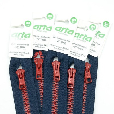 Молния трактор Arta Т6 (6 мм) 1 зам., разъем., 80 см, BiColor, цв. 044 т.синий / 008 красный, уп.5 шт
