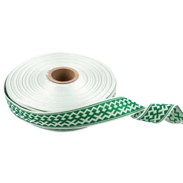Лента (тесьма) жаккардовая 24.0 мм / 25 метров, Орнамент для северных народов, рис 7527 белый/зеленый (№8), Gamma С3772