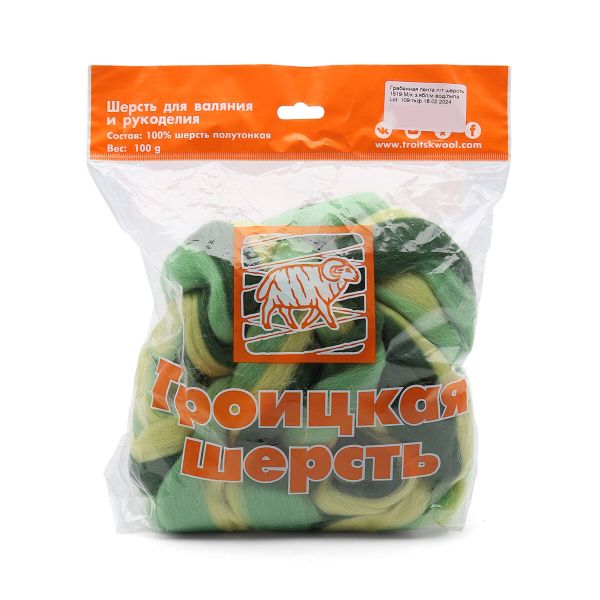 Шерсть для валяния полутонкая 100%, мультиколор, 100г, 1519 мультиколор, зел.яблоко/мор.водоросли/липа