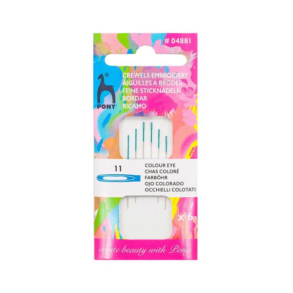Иглы ручные для вышивания с цветным ушком, №11, серебро/голубой, 6 шт, Pony