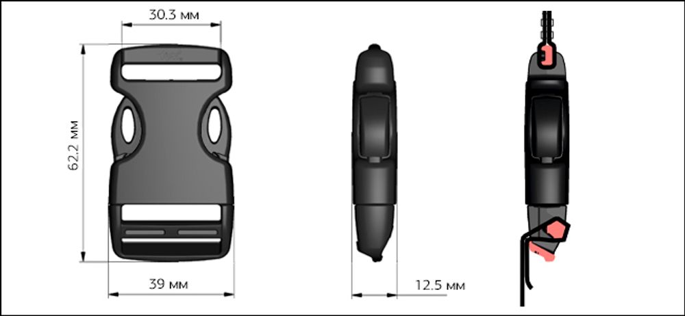 Фастекс (пряжка трезубец) пластик 30 мм, 100 шт, FE30 черный, нагр.80 кг