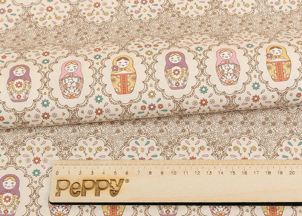 Ткань для пэчворка Peppy Крошки-матрешки, рулон 112 см / 5 метров, КМ-04 кремовый, Peppy