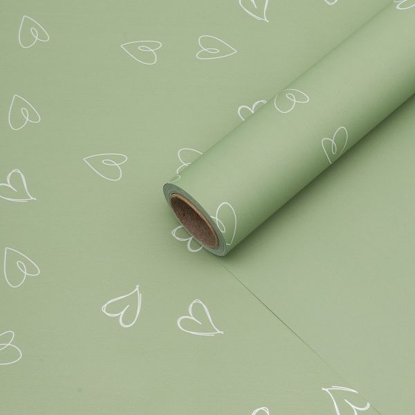 Пленка упаковочная для цветов и подарков Большие сердечки, 65 мкр, 58см / 10м ± 5% (VH2555 травяной с сердечками)