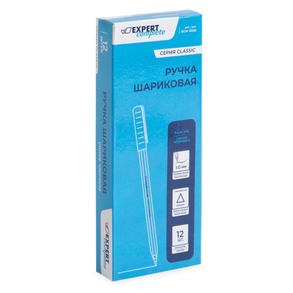 Ручка шариковая, игольчатый пишущий узел, трехгранный корпус ECW-12003 1 мм, 12 шт, цвет чернил: синий, Expert Complete ECW-12003
