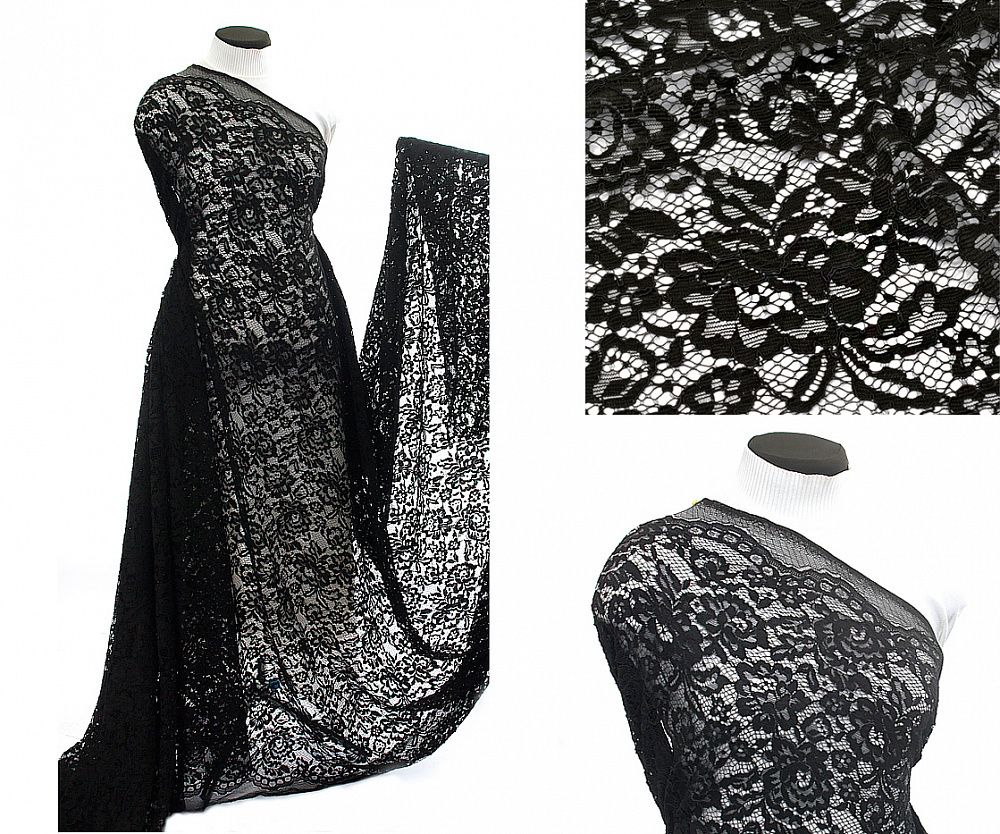 Ткань кружевная гипюр с кордом 130 г/м², 145 см / 1 метр, TBY.LN-3002 цв.черный