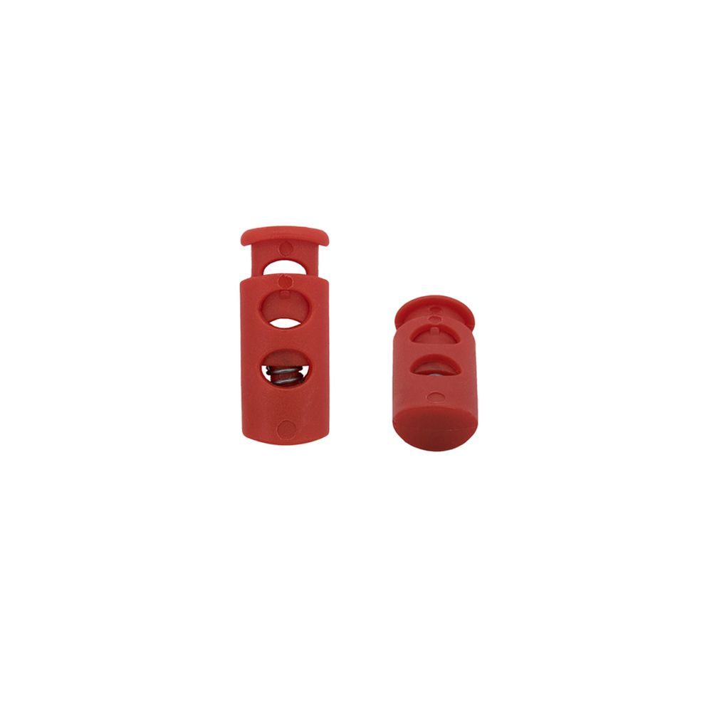Фиксатор (стоппер-зажим) для шнура, цилиндр 2 отв. ⌀4 мм, 9х22 мм, 4шт, ПП Hobby Pro, ярко-красный
