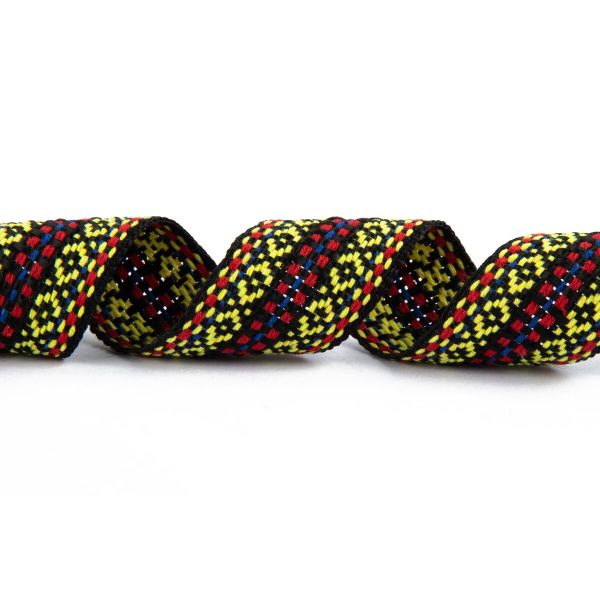 Лента (тесьма) жаккардовая 30.0 мм / 25±1 метров, Орнамент для северных народов, рис 9871 №1 черн/желт/красн/синий, Gamma C3881