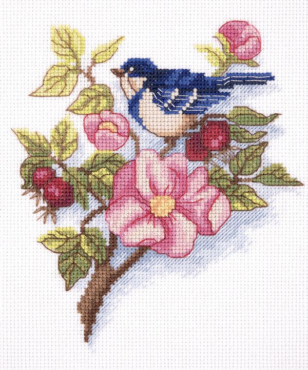 Набор для вышивания нитками Klart, Ветка шиповника, 16х17 см