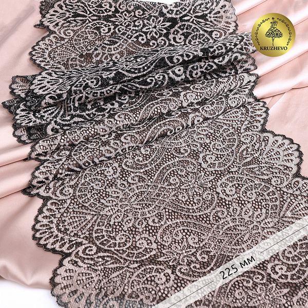 Кружево бельевое эластичное 225 мм / 3 м, TBY.40992, цв.L168 серебристый пион+черный, Kruzhevo