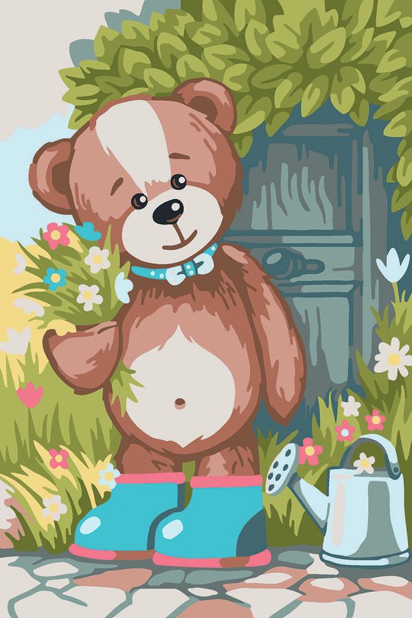 Картина по номерам Фрея, на картоне Медвежонок с букетом, 20х30 см