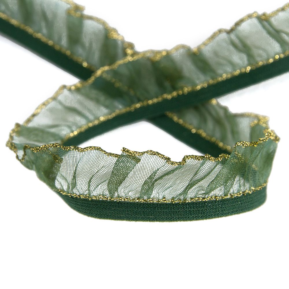 Лента рюш эластичная т.зеленый с золотым люрексом, 18 мм, 50 м, Pega