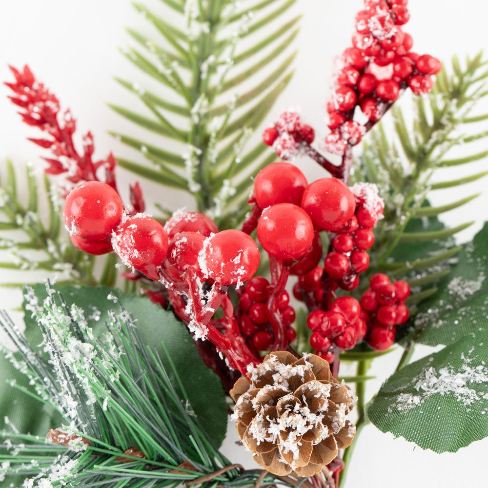 Веточка декоративная заснеженная с ягодами и шишкой 23 см, 6 шт, 01, Blumentag VDD-64