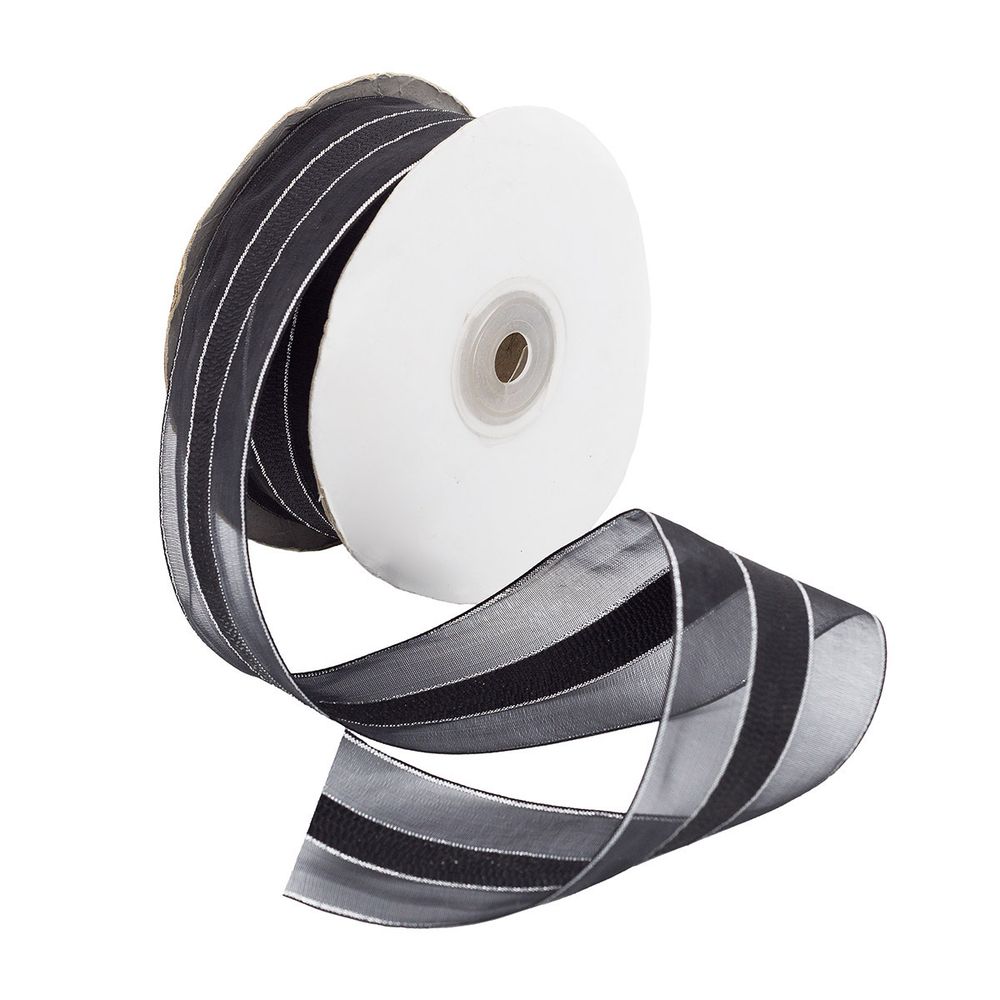 Лента капроновая (органза) с люрексом, 44 мм, 27 м (черный/сер.)