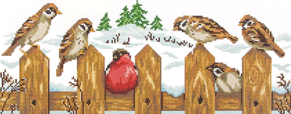 Алмазная (кристальная) мозаика Фрея, В гостях у воробьев, 50х20 см