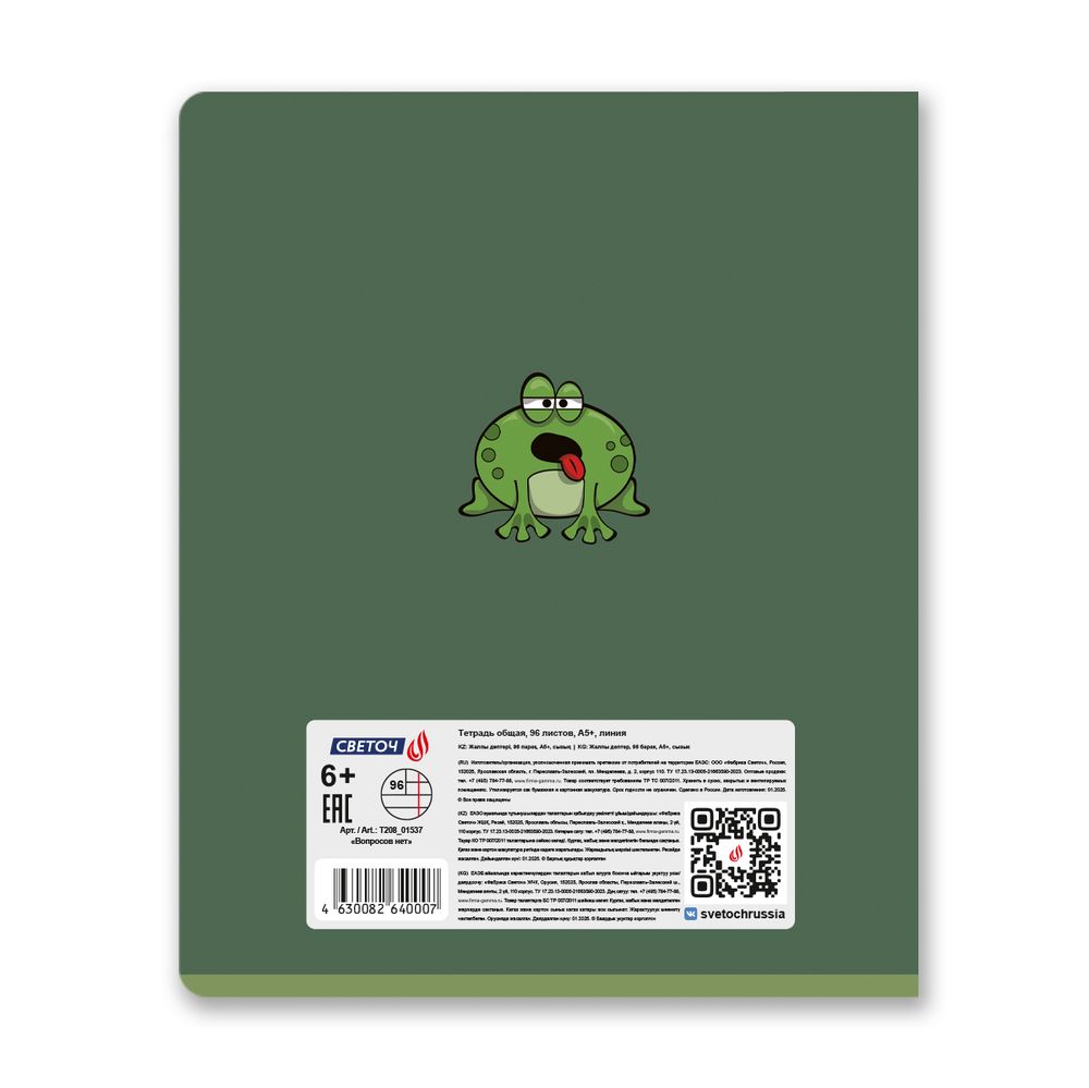 Тетрадь ученическая общая, твин лак, A5 96 л. на скобе 65 г/м², белизна 100% 5 шт линия, 01537 Вопросов нет, Светоч Т208