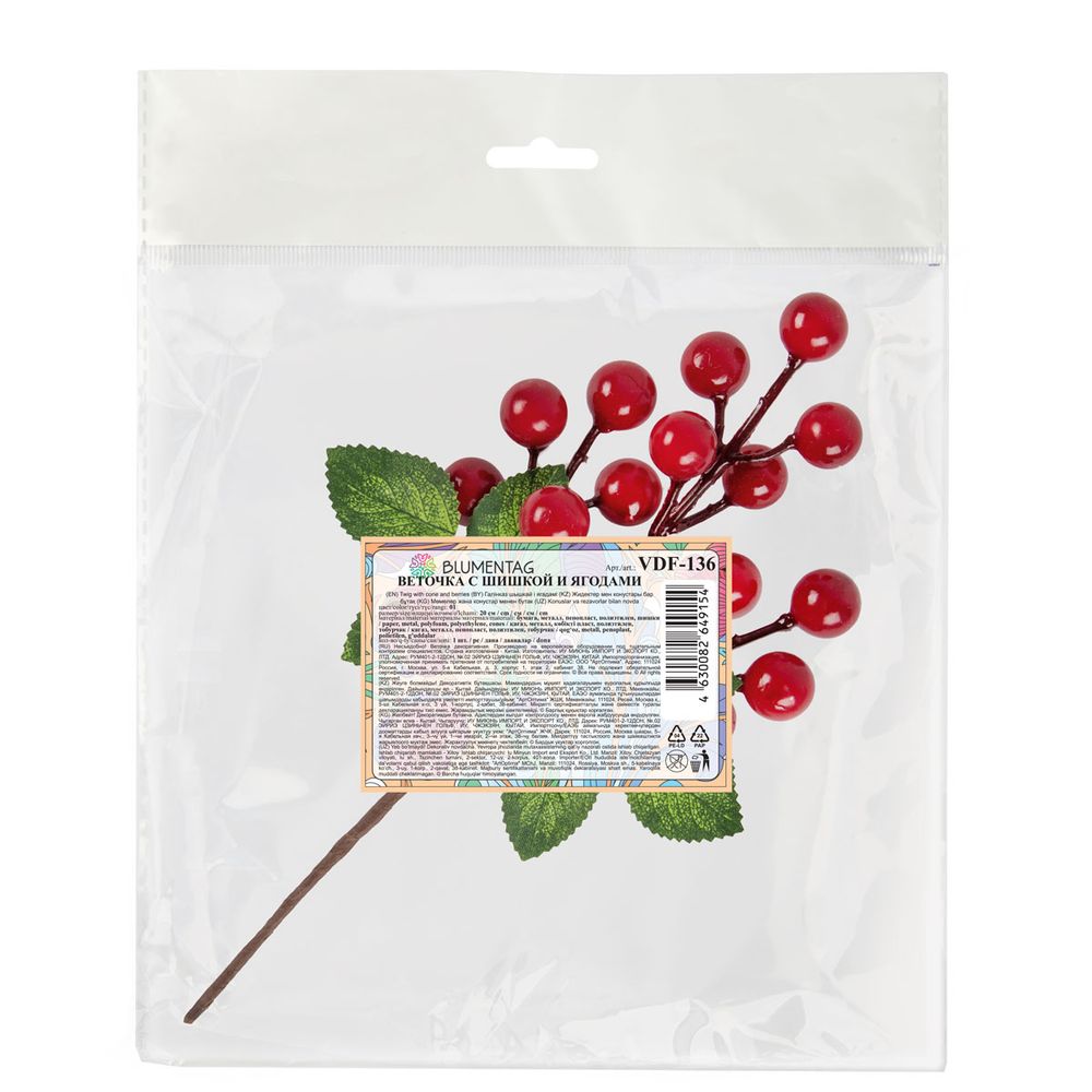 Веточка декоративная с шишкой и ягодами 20 см, 3 шт, 01, Blumentag