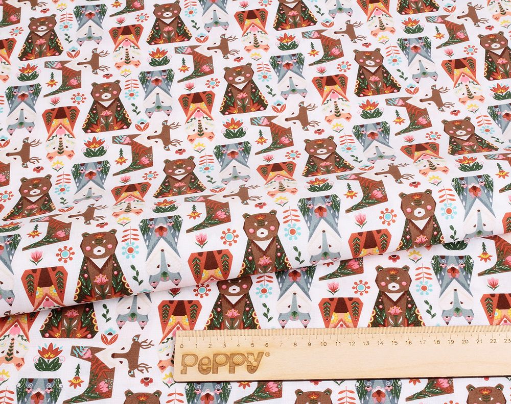 Ткань для пэчворка Peppy Лесные жители, рулон 112 см / 5 метров, ЛЖ-11 белый, Peppy