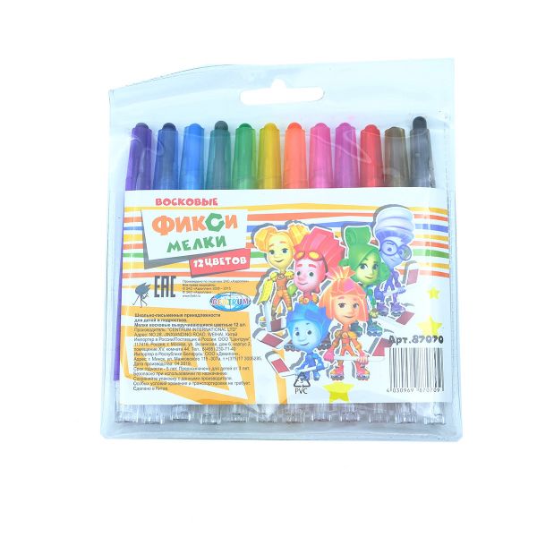 Мелки восковые выкручивающиеся,12 цветов Фиксики, 87070