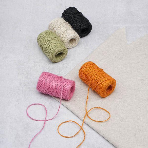 Шпагат джутовый ⌀1.4 мм / 50 метров (50 г), 2-ниточный, 1200 текс, евробобина, 5 шт, ассорти 2 (черный, оранжевый, розовый, оливковый, белый)