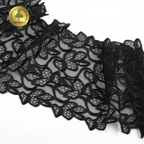 Кружево на сетке (вышитое) арт.T99 180мм цв.черный уп.6м, Kruzhevo