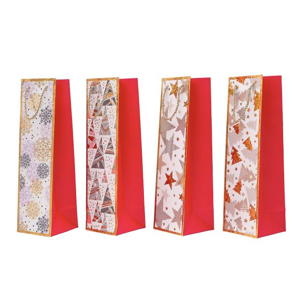 Набор подарочных новогодних пакетов под бутылку Золотая голография 11х38х11 см, 210 г/м², 4 шт