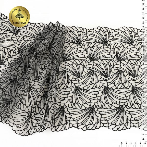 Кружево на сетке (вышитое) 225 мм, T93, цв.айвори+черный, 6м, Kruzhevo