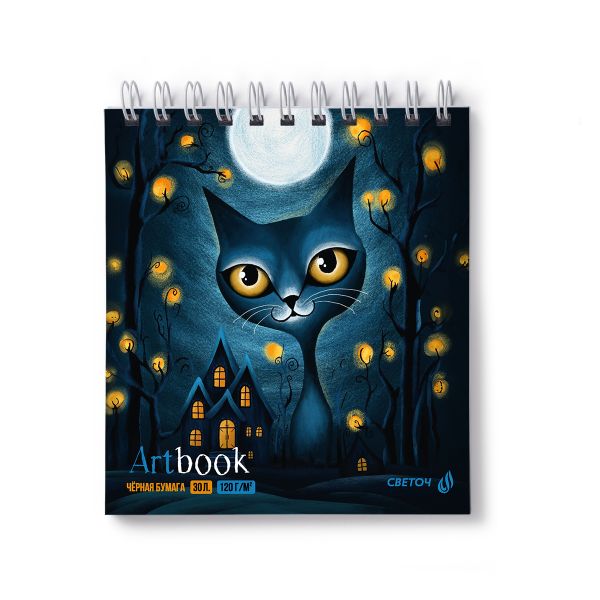 Артбук (Скетчбук), блок черный, жесткая подложка, 120 г/м², 166х175 мм, на гребне 30 л. 2 шт, Кот Чародей 01938, Светоч А306