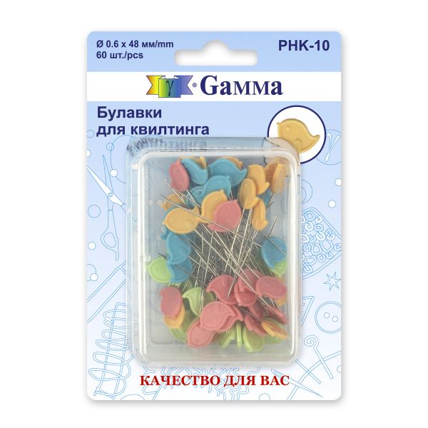 Булавки для квилтинга 48 мм, 60 шт, сталь, в пластиковой коробке, Gamma PHK-10