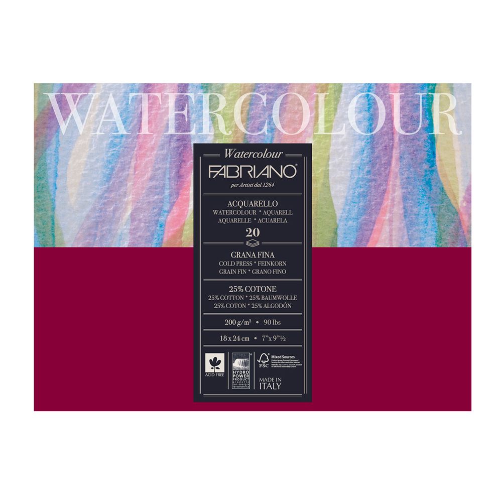 Альбом для акварели Watercolour 200 г/м², 18х24 см, склейка с четырех сторон 20 л, среднезернистая, Fabriano