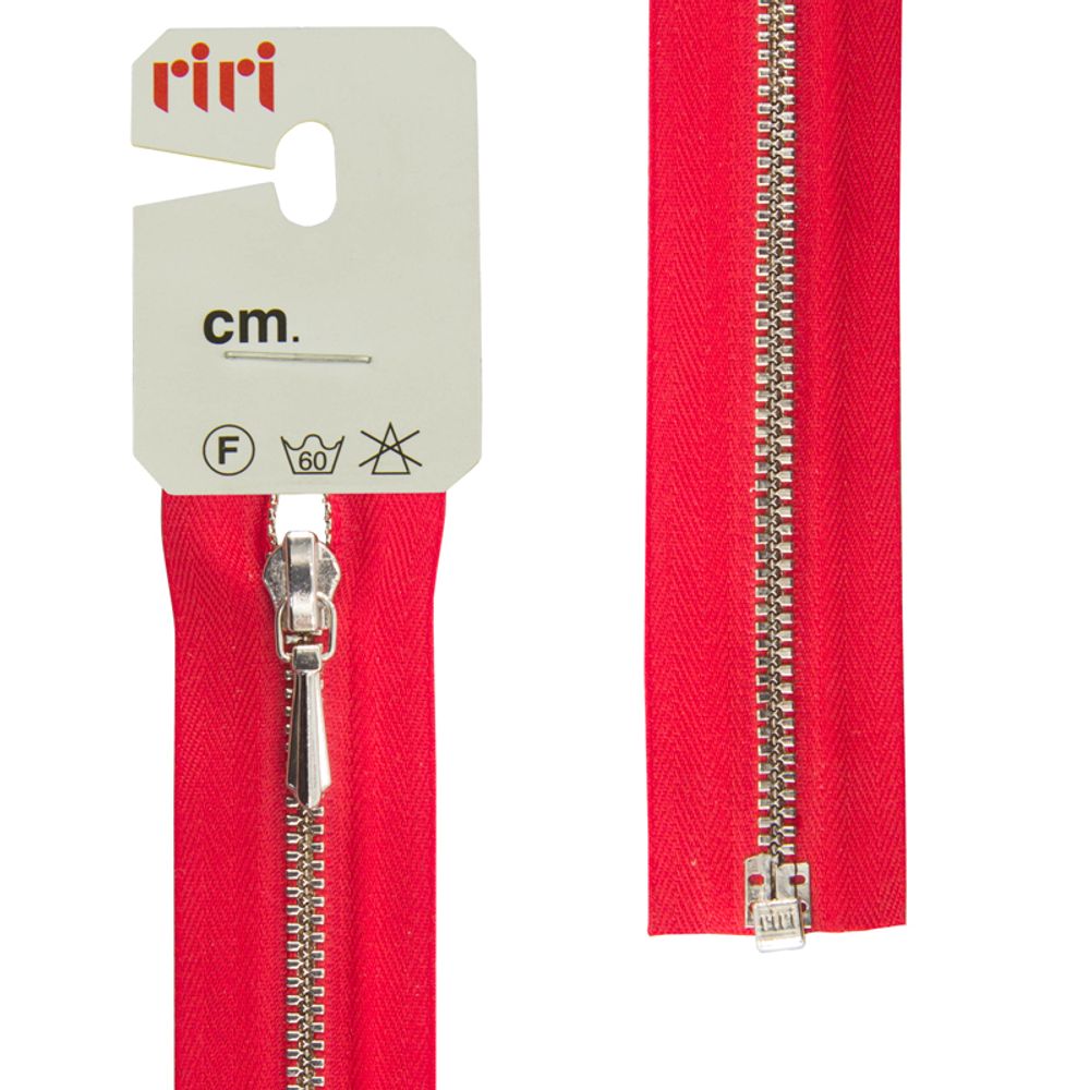 Молния металлическая RIRI Т3 (3 мм) Ni, слайд.Tropf, 1 зам., разъем., 60 см, цв. тесьмы 2407, красный, упак. 5 шт