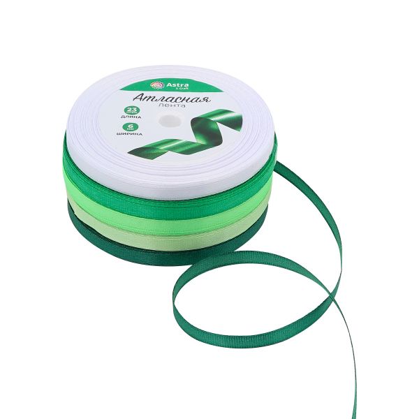 Набор атласных лент 5 цветов по 6.0 мм / 23 метра, зеленый микс