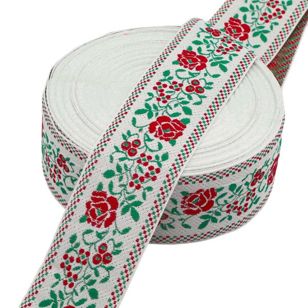 Лента (тесьма) жаккардовая 50.0 мм / 25±1 метров, рис.9600 Розы, (1 белый/красный/зеленый) С3379Г17