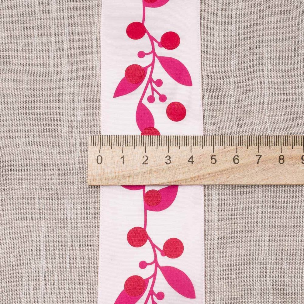 Лента атласная с рисунком 45.0 мм / 22.5±1 метров, Ягодная ветвь, розовый, Globus