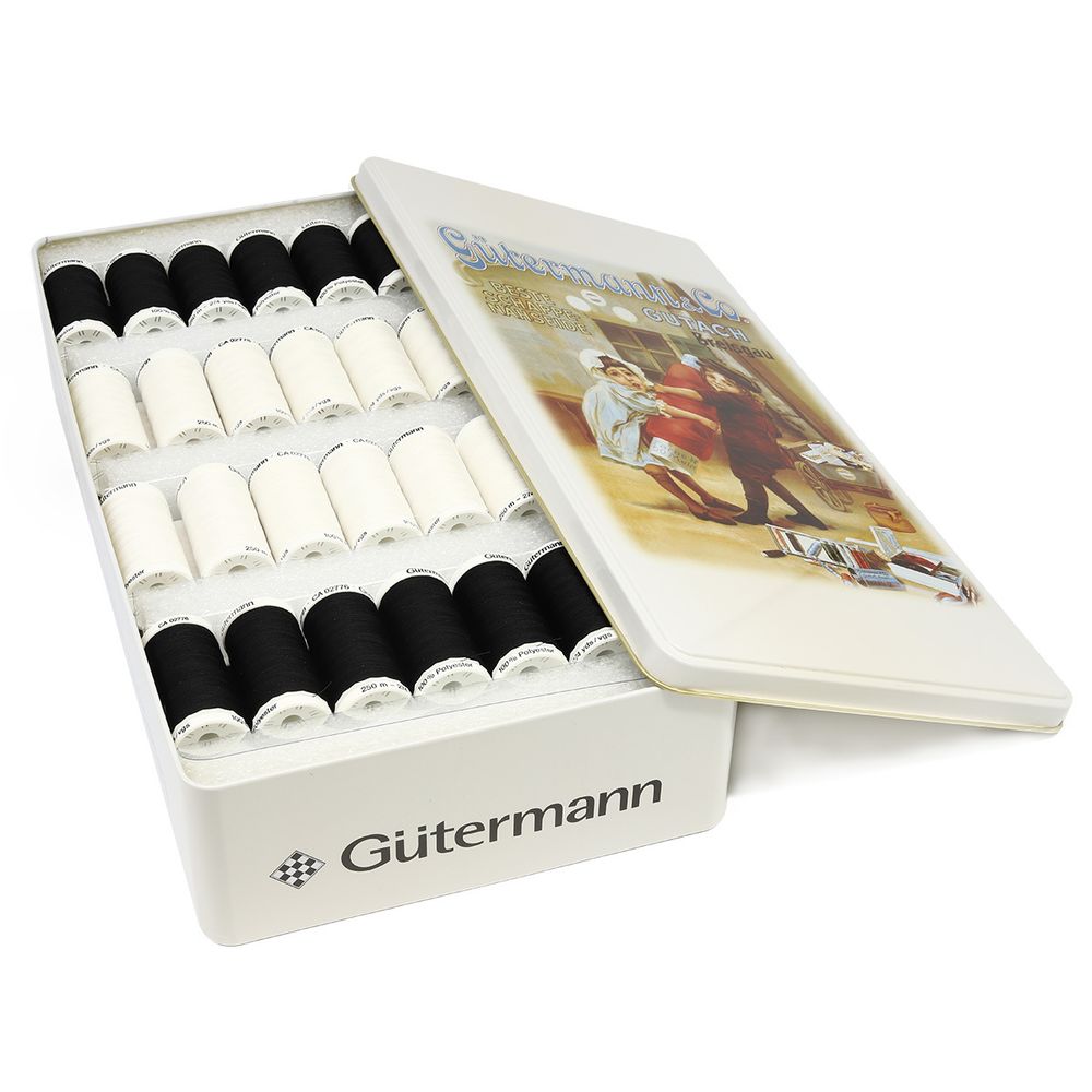 Швейные нитки (набор) Gutermann Sew-all 250м, 80 катушек, черные и белые цвета в металлической коробке &quot;Ностальгия&quot;