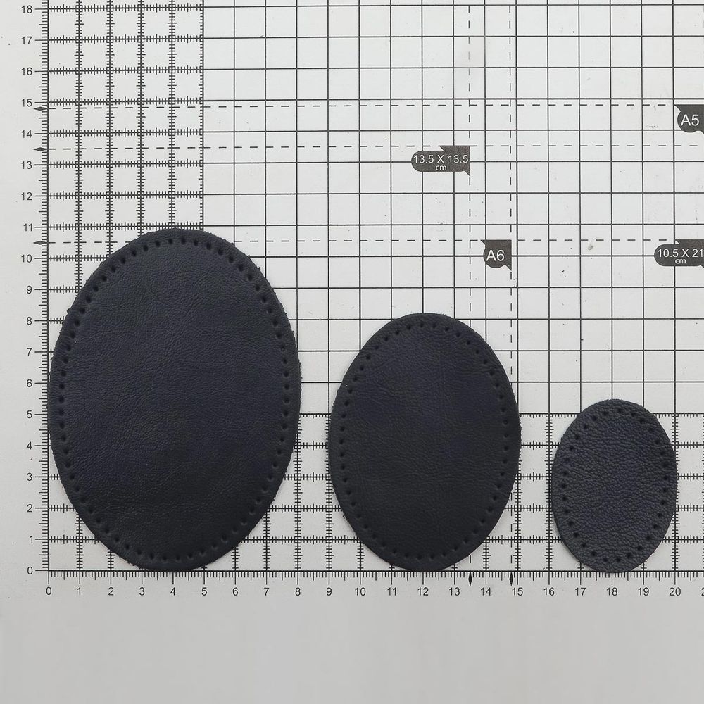 Набор заплаток пришивных из кожи, овал 4х5,5см, 6х8,2см, 8х10,9см, с перфорацией, 3 шт (05 темно-синий), 9404