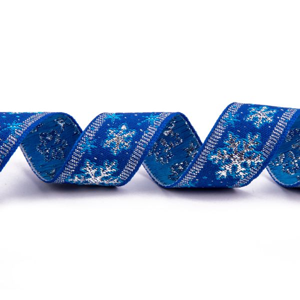 Лента (тесьма) жаккардовая 23.0 мм мм / 25±1 метров, рис. 8887В, лента, Снежинка, синий/голубой/серебро, Blitz С1857 рис. 8887В