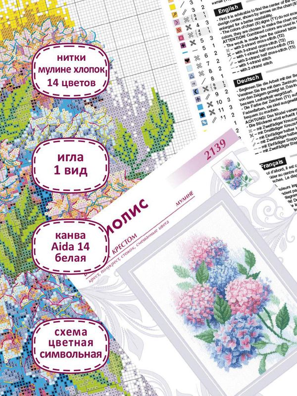 Набор для вышивания нитками Риолис, Грация гортензий, 21х30 см