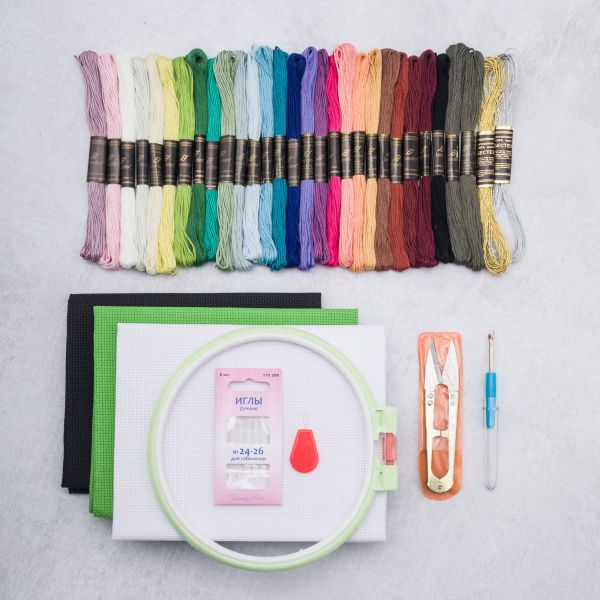 Набор для вышивки: мулине 30 цветов, канва, пяльцы, иглы, ножницы, вспарыватель, Bestex