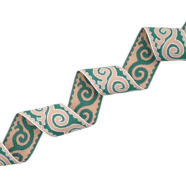 Лента (тесьма) жаккардовая 50.0 мм / 25 метров, Славянский орнамент Оберег, рис.9605, белый/бежевый/зеленый, С3775Г17
