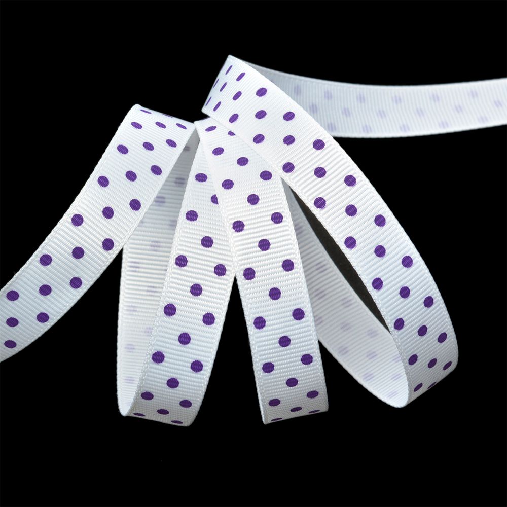 Лента репсовая (в рубчик) 12.0 мм / 27.4±2 метров, LDRG02946512 (79) крупный горошек, белый-сиреневый