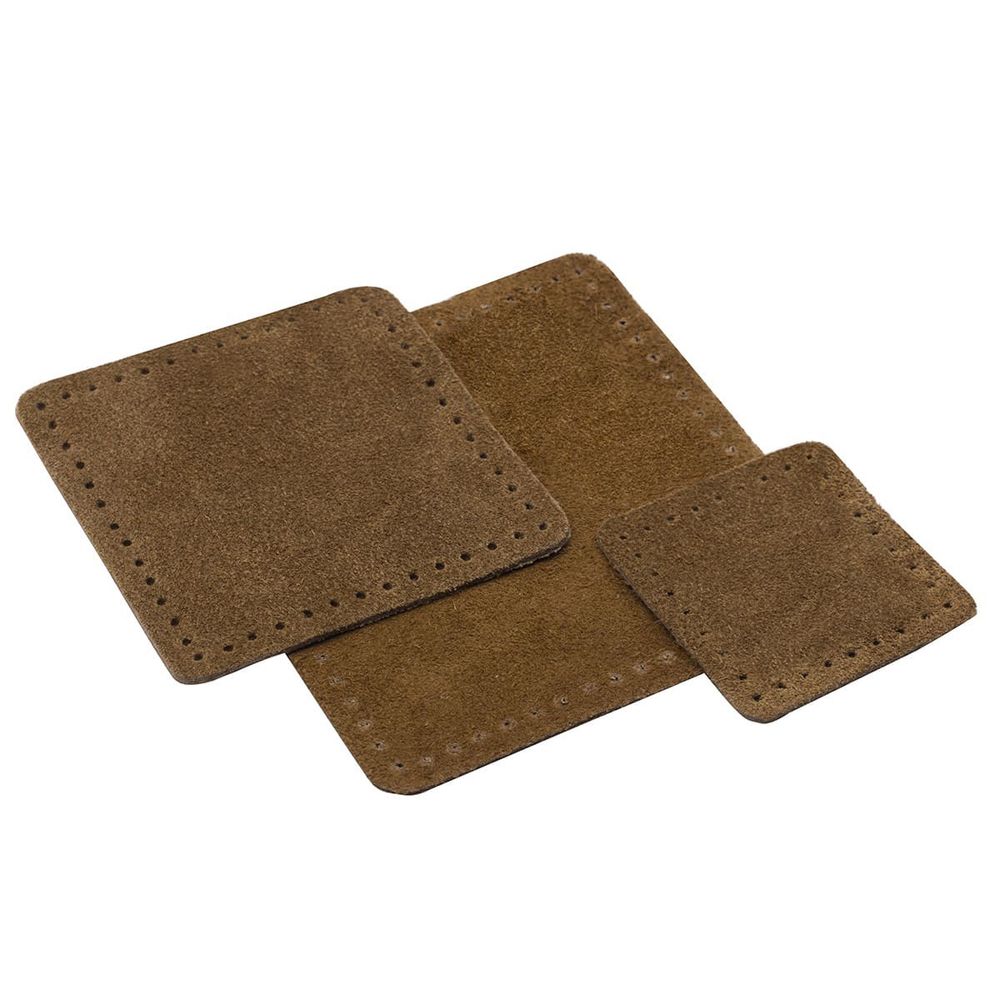 Набор заплаток пришивных из замши, квадрат 4см, 6см и 8см, с перфорацией, 3 шт, 100% кожа (32 кэмел), 59402