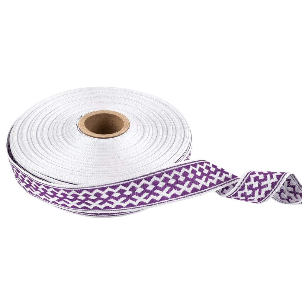 Лента (тесьма) жаккардовая 24.0 мм / 25 метров, Орнамент для северных народов, рис 7527 белый/фиолетовый (№5), Gamma С3772