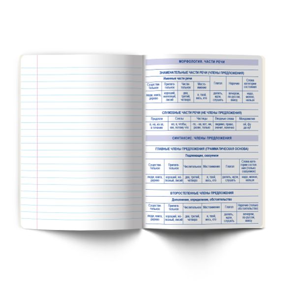 Тетрадь со справ.материал. Яркость по расписанию с запечат. пластик.обл. 320мкм, A5 48 л. на скобе 65 г/м², белизна 100% 10 шт, линия, 01870 Яркость по расписанию Русский язык, Светоч Т289