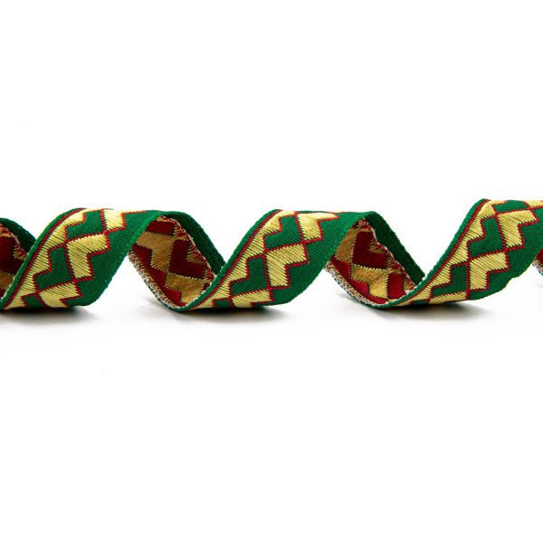 Лента (тесьма) жаккардовая 18.0 мм / 25±1 метров, Орнамент для северных народов, рис 7052 зеленый-желтый-красный, Gamma С3771