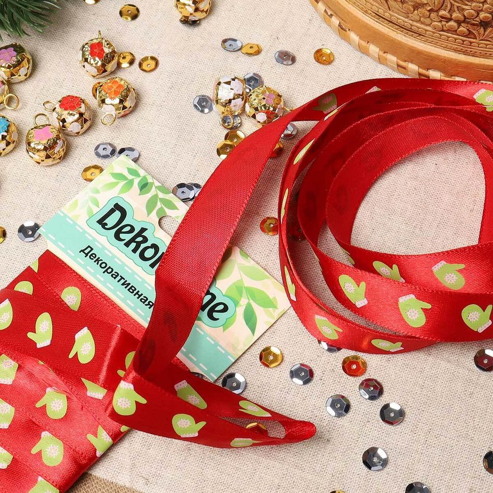 Лента атласная с рисунком Варежки 15.0 мм / 3 метра, красный, Globus