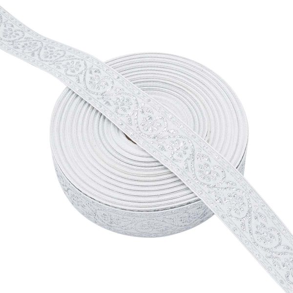 Лента (тесьма) жаккардовая 32.0 мм / 25±1 метров, с метанитом рис. 9819, белый/серебро, С3104Г17